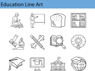 A set of 12 line art icons representing education, including students, teachers, books, a microscope, a pencil and a brain.