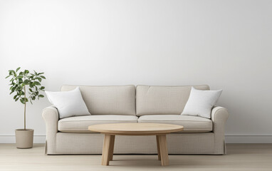 Obraz premium Comfortable beige sofa with pillows and wooden table in a minimalist living room setting