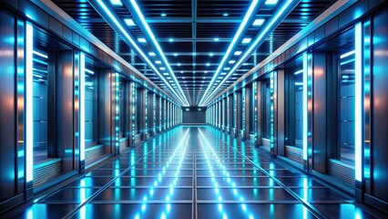 Fototapeta premium Futuristic corridor with reflective flooring and bright LED lighting, futuristic, modern, corridor, reflective
