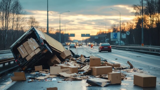 A truck has overturned on the highway, spilling cardboard boxes all over the lane, causing a traffic jam as cars maneuver past during sunset