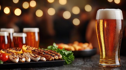 Delicious grilled meat with drinks on a festive table, blurred background.