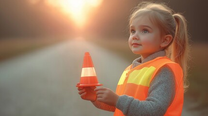 A little girl in a protective vest with reflectors stands on the road and holds a traffic cone in her hands. Child safety on the road, traffic rules and pedestrian rights