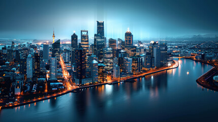Naklejka premium stunning city skyline at night, showcasing illuminated skyscrapers reflecting on calm waters of river. vibrant lights create captivating urban atmosphere