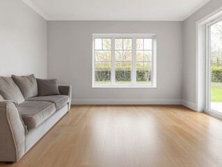 Fototapeta premium Bright and airy living room with a grey sofa and large windows overlooking a garden