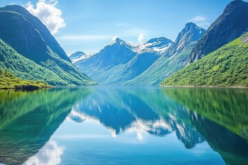 Fototapeta premium mountains reflecting in crystal-clear waters, surrounded by lush greenery and rocky terrain under a bright blue sky