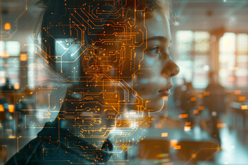 Double Exposure Concept of Human Profile with Circuit Overlay, Symbolizing AI and Technology Integration in a Modern Office Setting