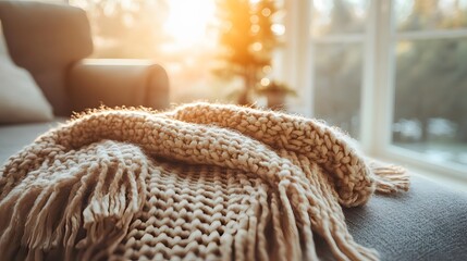 Obraz premium Cozy Knit Blanket on a Sofa in Warm Light