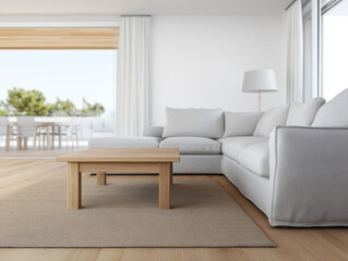 Fototapeta premium Modern living room interior with light-colored sofa and wooden coffee table in sunny space