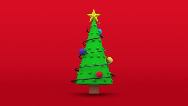 Abstract Cartoon 3D Christmas tree with ornaments rotating around on red color background, Looping animation.