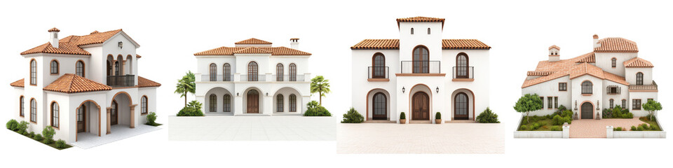 Collection of beautiful Mediterranean style villas and mansions featuring classic architectural elements like arched windows balconies