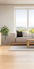 Fototapeta premium Modern living room with a cozy sofa and scenic view in a bright, airy space