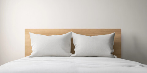 Cozy bedroom setting with neutral tones featuring a wooden headboard and plush pillows