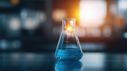 Laboratory flask with blue liquid on a blurred background, illuminated by warm light.
