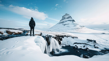 person stands on snowy landscape, gazing at majestic Kirkjufell Mountain in Iceland. scene captures beauty of nature, with waterfall flowing nearby and clear blue sky above