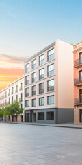 Contemporary urban architecture at sunset in a vibrant neighborhood