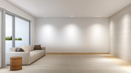 Fototapeta premium Bright and minimalistic living room interior with natural light and neutral tones