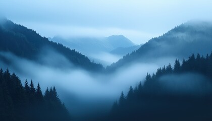 Obraz premium Misty blue mountains with dense fog rolling through evergreen forests.