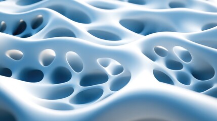 Abstract blue and white 3D render of a porous surface with flowing lines and circular openings.