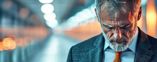 A businessman with a thoughtful expression in a modern corridor setting.