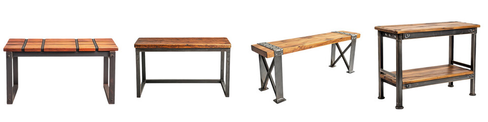 Collection of various industrial inspired furniture items including wooden and metal tables benches shelves and other functional accessories suitable for home office or commercial workspace decor