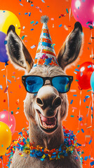 Party animal! Colorful photo of funny, happy donkey  on orange  background. Ballons, confetti,...