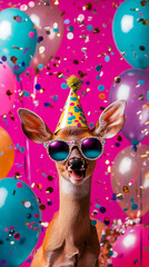 Party animal! Colorful photo of funny, happy deer on pink fuchsia  background. Ballons, confetti,...