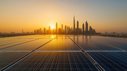 Obraz premium Solar panels at sunset with city skyline in the background, vibrant colors.