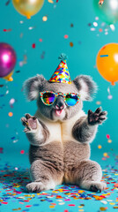 Fototapeta premium Party animal! Colorful photo of funny, happy koala bear on blue background. Ballons, confetti, happy mood. Birthday celebration vertical banner, instagram story, reel or tiktok