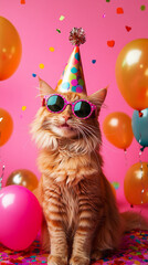 Party animal! Colorful photo of funny, happy red ginger mainecoon cat on fuchsia  background....