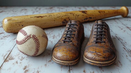 Vintage baseball gear including shoes, bat, and ball.