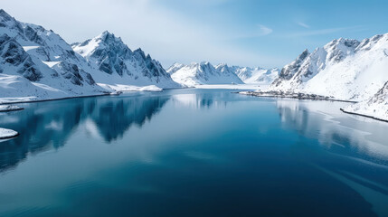 Majestic Lofoten peaks surround tranquil blue lake, reflecting stunning snow capped mountains under clear sky. This serene landscape captures beauty of nature
