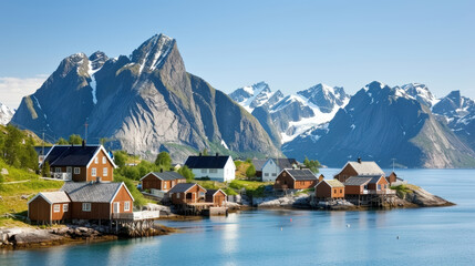 Naklejka premium Majestic Lofoten peaks tower above picturesque Reine village, showcasing stunning natural beauty and serene waters. vibrant houses reflect charm of this idyllic location