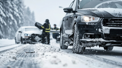multi car pile up on snow covered highway shows vehicles involved in accident, with emergency responders attending to scene amidst falling snow