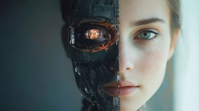 Half human half robot face showing advanced ai technology concept
