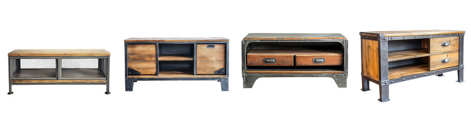 Assortment of rustic and industrial style wooden furniture pieces including shelves cabinets consoles and TV stands for home living decor and display