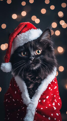 Xmas vibes - christmas mood - happy funny cute black mainecoon cat kitty wearing santa claus hat in...