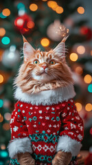 Xmas vibes - christmas mood - happy funny cute red mainecoon cat kitty wearing santa claus hat in...