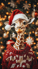 Xmas vibes - christmas mood - happy funny cute giraffe wearing santa claus hat in front of...