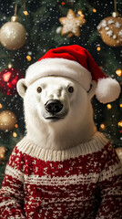 Xmas vibes - christmas mood - happy funny cute polar bear wearing santa claus hat in front of...