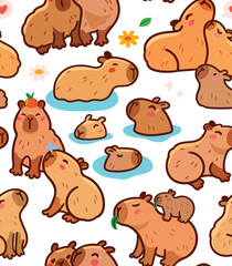 Seamless pattern. Capybara family characters isolated on white background