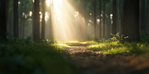 Fototapeta premium Sunlight streaming through a forest path, illuminating the green foliage.