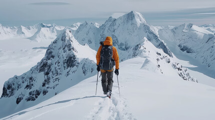 lone hiker in orange jacket traverses snowy mountain landscape, surrounded by majestic peaks and serene atmosphere. scene captures beauty of nature and spirit of adventure