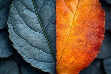 The leaf is split in half, with one half being green
