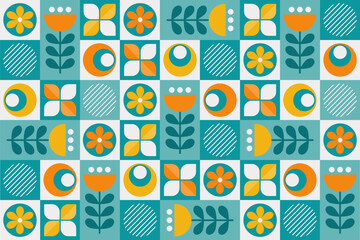 A geometric pattern background with bright colors of teal, orange, yellow, and white. The design includes a grid of various floral, leaves, half-circles, and striped circles.