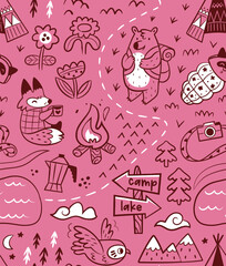 Pink graphic map with cartoon animals. Seamless pattern