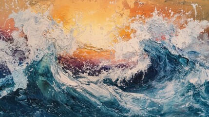 Naklejka premium Close-up of a large, foamy wave crashing with a vibrant sunset in the background.