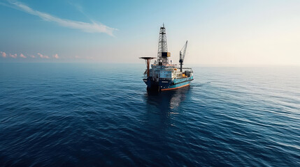 Fototapeta premium Offshore oil rig standing strong in calm sea, showcasing resilience and stability against serene backdrop of ocean. tranquil waters reflect rigs structure beautifully
