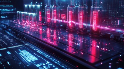 Fototapeta premium Futuristic laboratory scene with glowing vials and digital interfaces.