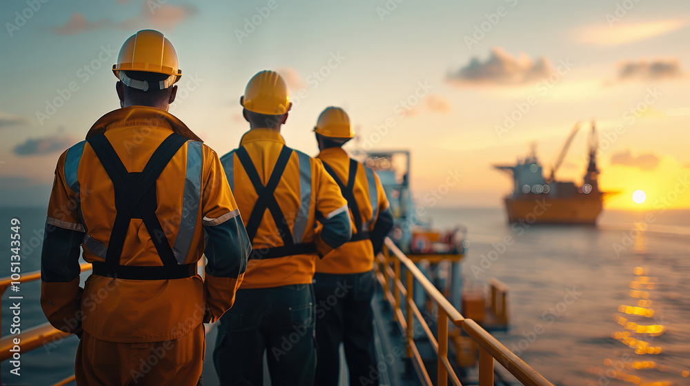 Sticker Workers in safety gear observe offshore rig at sunset, showcasing teamwork and dedication in maritime environment. scene captures beauty of industry and nature