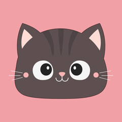 Gray cat face head silhouette. Smiling kitty kitten. Cute cartoon character. Flat design. Childish style. Happy Valentines Day. Love Greeting card. Pink background. Isolated. Vector illustration